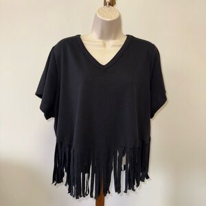 Versona (Large) Black Crop Top with Tassel/Frayed Bottom Hem